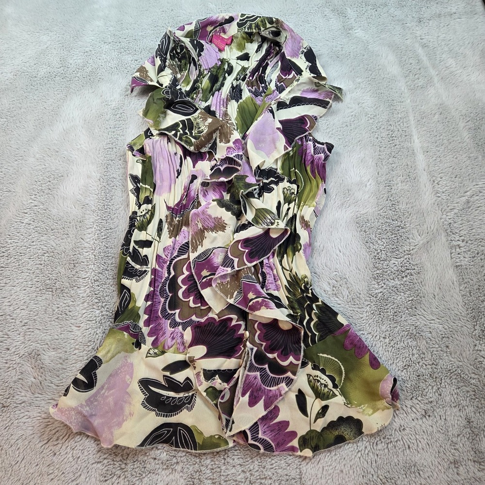 Sunny Leigh Blouse Womens M Floral Sleeveless Button Front Ruffle Pleated Purple